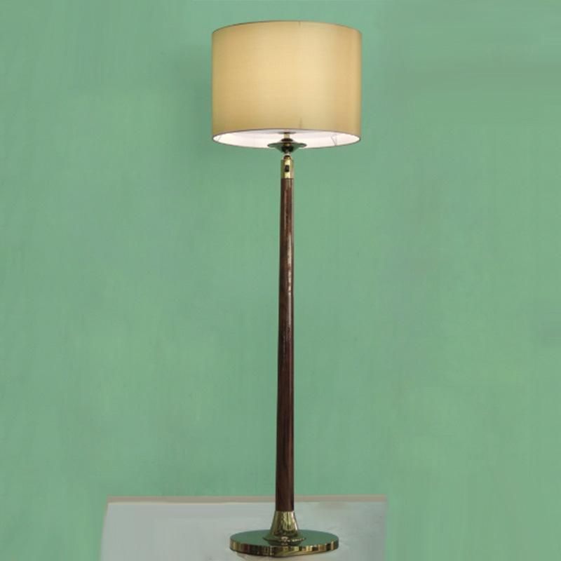 White Silk Fabric Lamp Shade and Wooden Central Rod Floor Lamp.