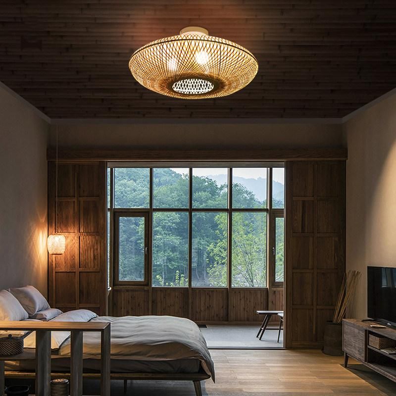 Round Bamboo Wicker Rattan Semi Flush Mount Ceiling Light (WH-WA-36)