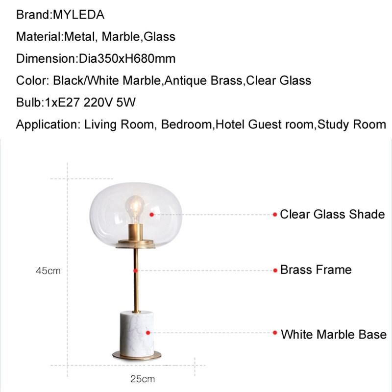 Modern Hotel Decorative Marble Base and Glass Shade Table Lights