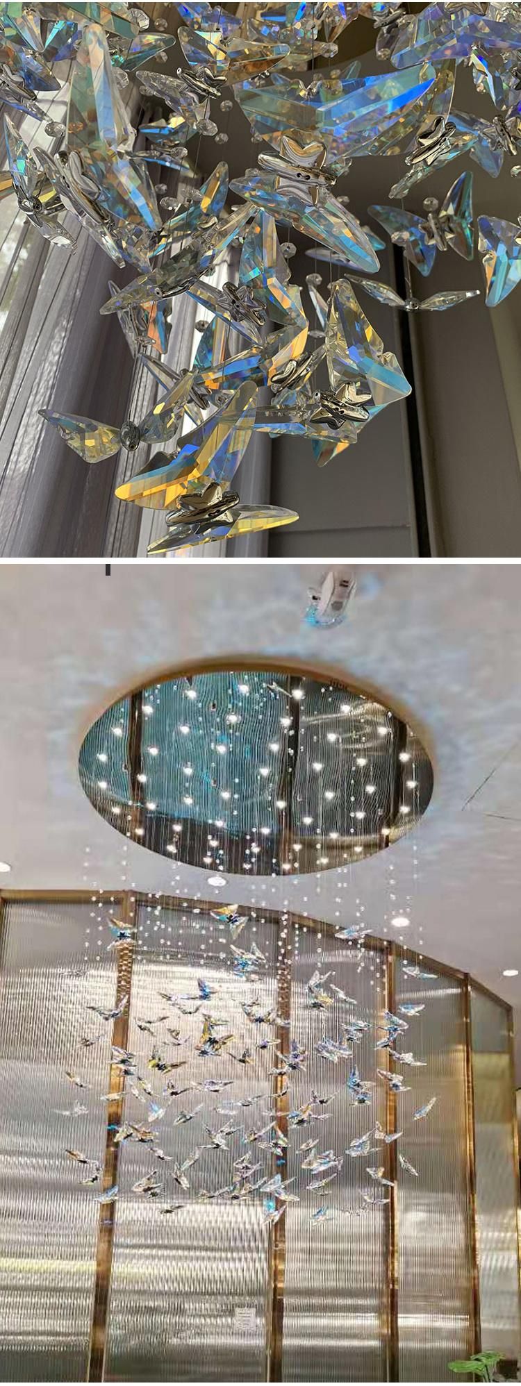 Colorful Butterfly Shape Lamp Long Staircase Custom Glass Luxury LED Chandelier Light