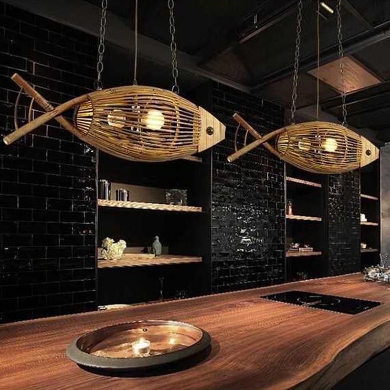 Fish Pendant Lamps Handmade Wood Weaving Pendant Light Hanging Lamp (WH-WP-46)