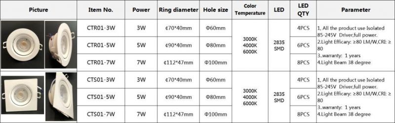 Blister Packing CCT Selectable Square LED Spot Ceiling Down Light Mini Spot 3W 5W 7W LED Recessed Spotlight