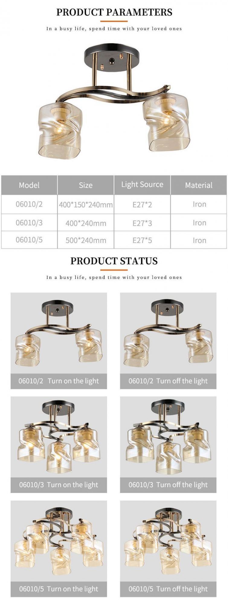 Nordic New Product Indoor Living Room Wrought Iron Metal Crystal Ceiling Lamp