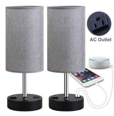 USB Charging Linen Lamp AC Socket Bedroom LED Night Light Desk Lamp