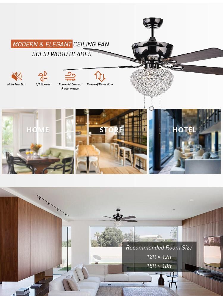 Fancy Hanging Design Crystal 52inch 5blade Silent Decorative Lighting Ceiling Fan with Remote Control Ceiling Fan Lamp