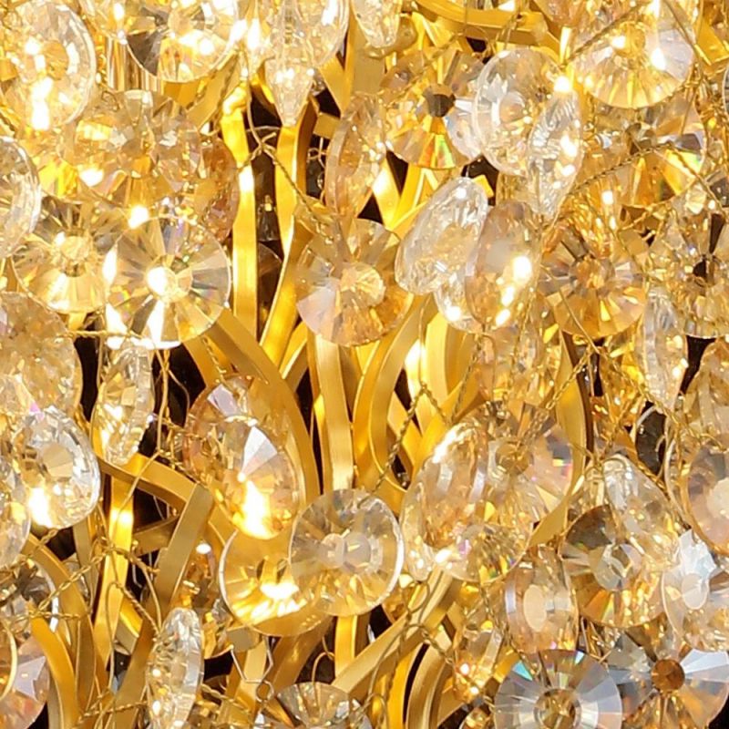 2022 Polished Long Shape Handmade Customized Copper Brass Leaf Clear Crystal Ceiling Pendant Lamp Chandelier Hotel Lobby Hall Stair