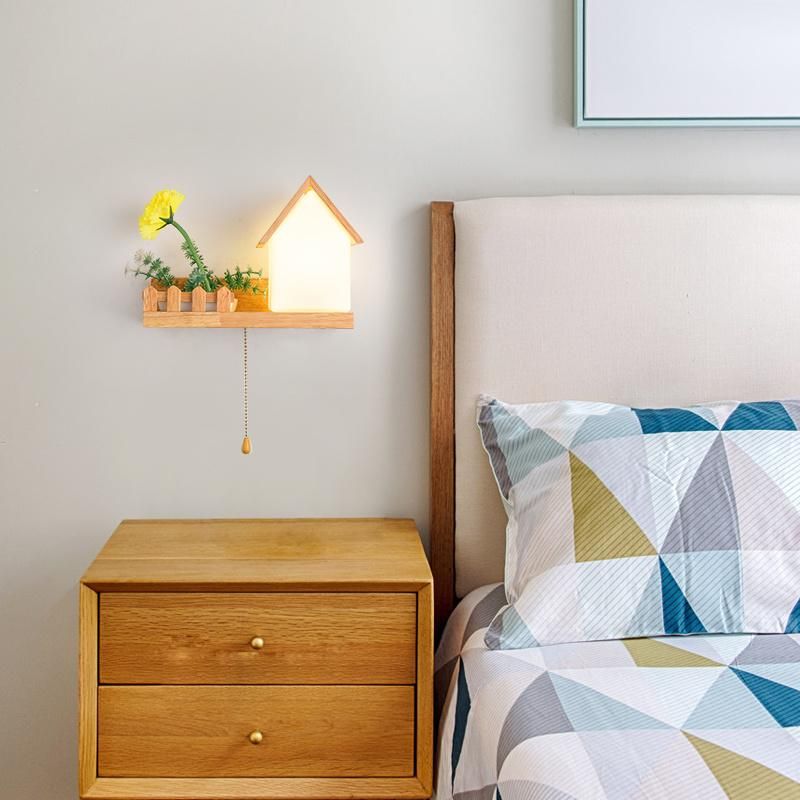 Solid Wood LED Bedroom Light with Switch, Living Room Wall Light