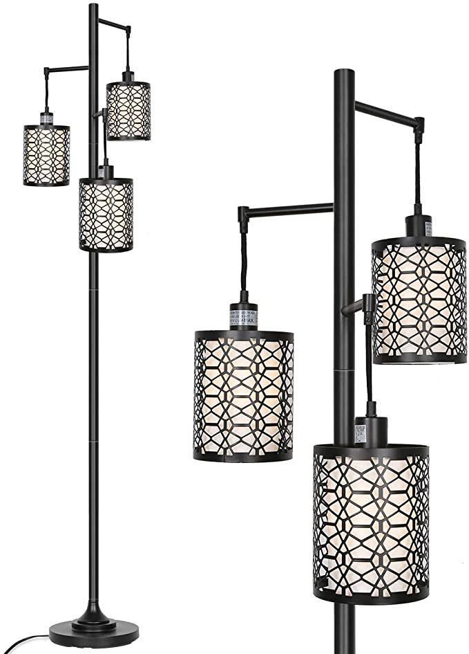 Industrial Tree Floor Lamp for Living Room with 3 Elegant Teardrop Cage Heads & St58 Edison LED Bulbs Sturdy Base Tall Vintage Pole Light Great for Farmhouse