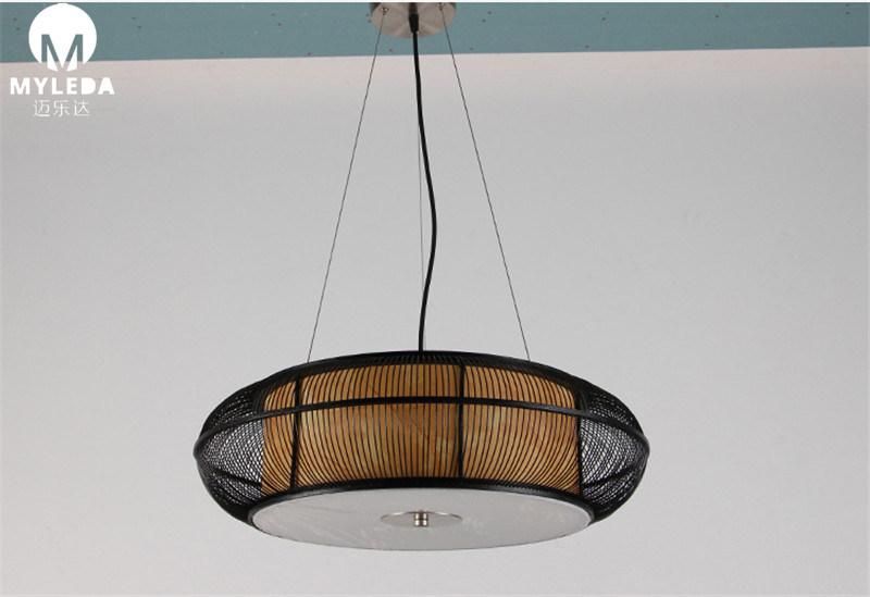 Decorative Modern Round Wooden Chandelier with Bamboo Lampshade