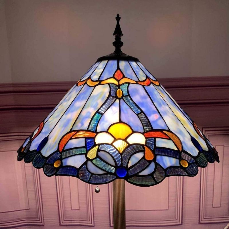 Bieye Baroque Tiffany Style Stained Glass Floor Lamp with 18 Inch Wide Blue Shade for Reading Working Bedroom Living Room, 3 Lights, 63 Inch Tall