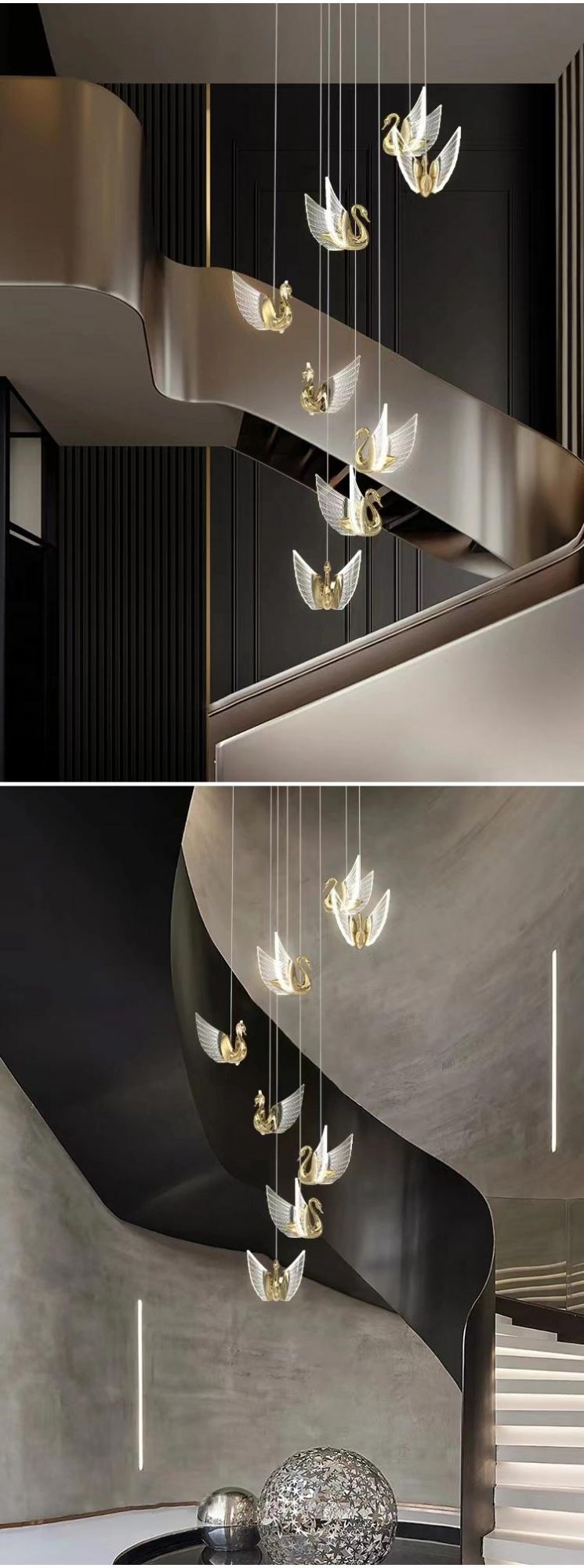 Goose Shape Decorative Staircase Hotel Commercial Custom Project Luxury Glass Long Chandelier