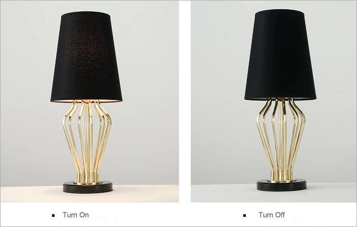 Golden Metal Hotel Modern Desk Table Lamp Light in Black Marble Base, with White Fabric Shade