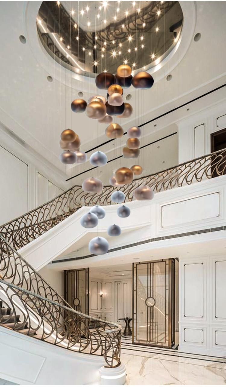 Custom Engineering Decorative Long Stairway Luxury Glass Steel Wire LED Chandelier Lamp