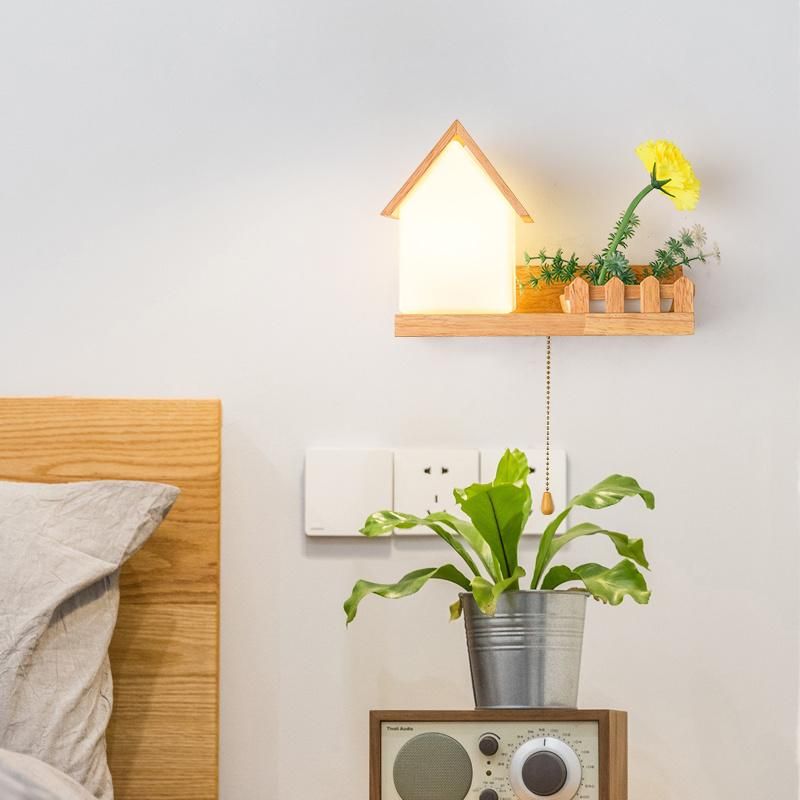 Solid Wood LED Bedroom Light with Switch, Living Room Wall Light