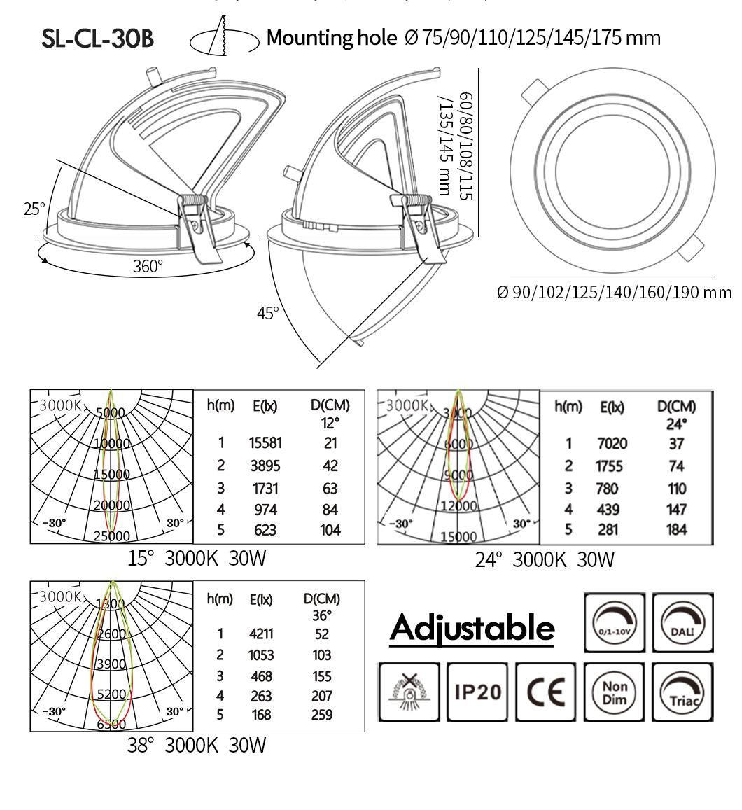 30W 3000K 4000K 5000K CRI>90 COB Waterproof Dali Dimmable Gimbal LED Downlight