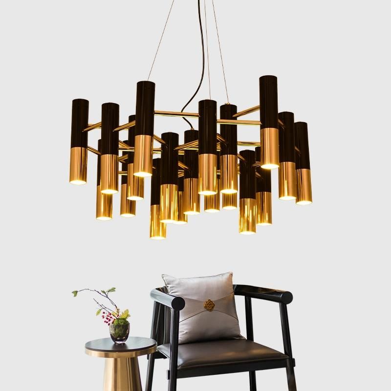 Postmodern Light Luxury Living Room Cylindrical Black Gold Long Model Room Chandelier Hotel Restaurant Long Designer Bedroom Pendant Lighting