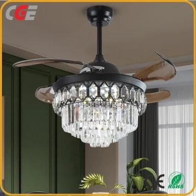 Modern New Dimmable 42inch Crystal Ceiling Fan with Lights Remote Invisible Retractable Chandelier Fan Light