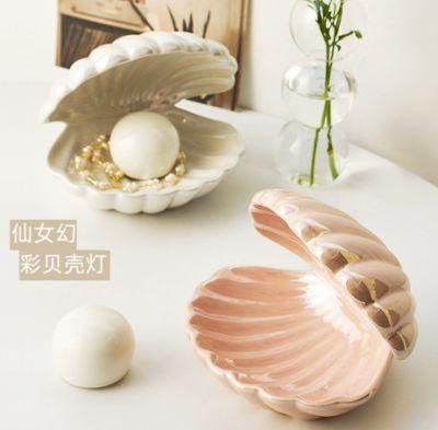 Shell Lamp in White and Pink Color. Ceramic Table Lamp Desk
