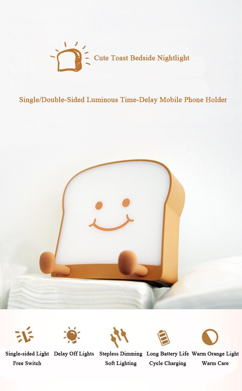 LED Bedroom USB Silicone Phone Stand Bedside Cartoon Cute Toast Night Light