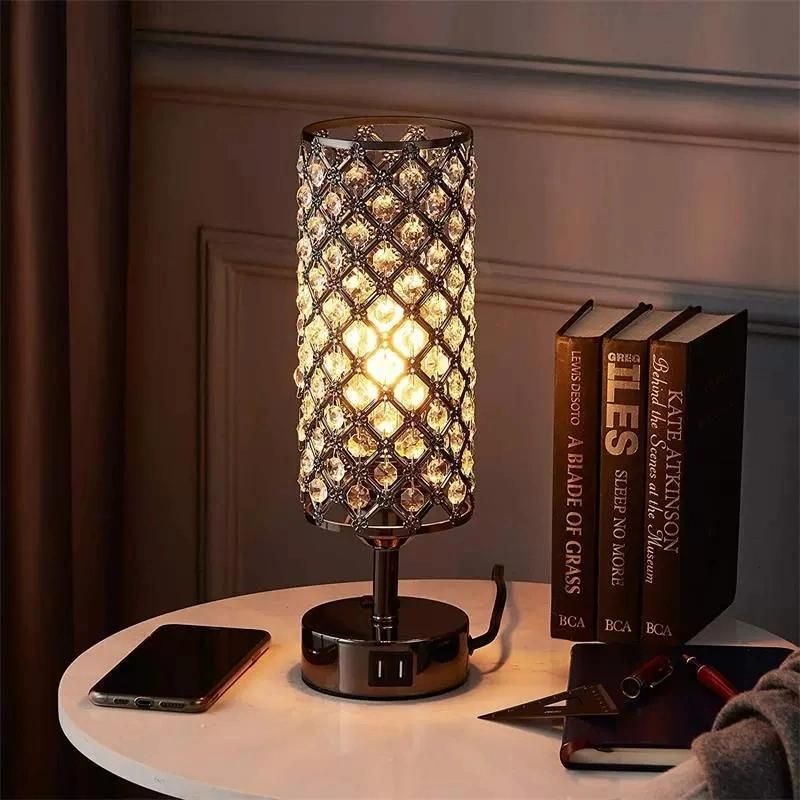 Touch Control Crystal Table Lamp Set of 2 Bedside Nightstand Lamps with 2 USB Charging Ports, Outlet, K9 Crystal Decorat