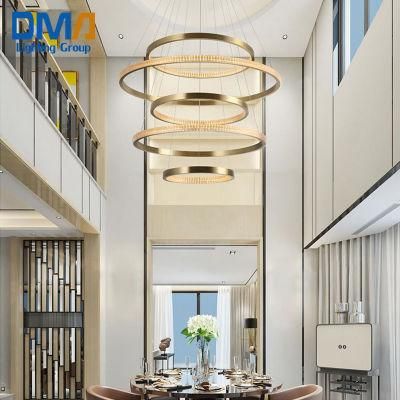 2022 Luxury 5 Rings Crystal Circular LED Big Living Room Round Light Gold Pendant Lamp Chandeliers for Villa