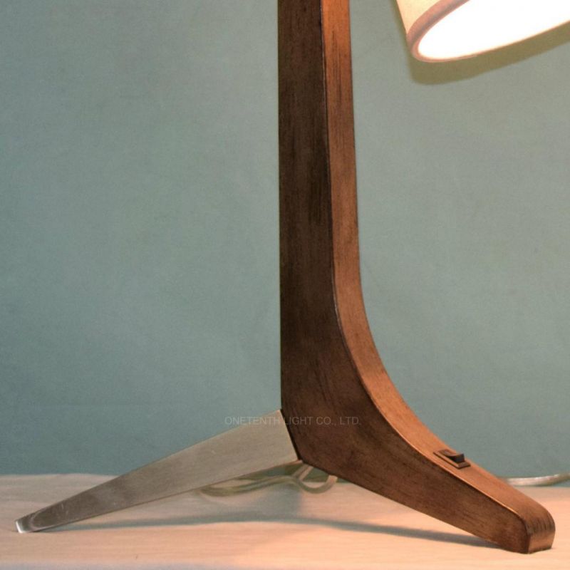 Triple Legs Brushed Steel Metal and Wood Fabric Shade Nightstand Lamp Table Lamp