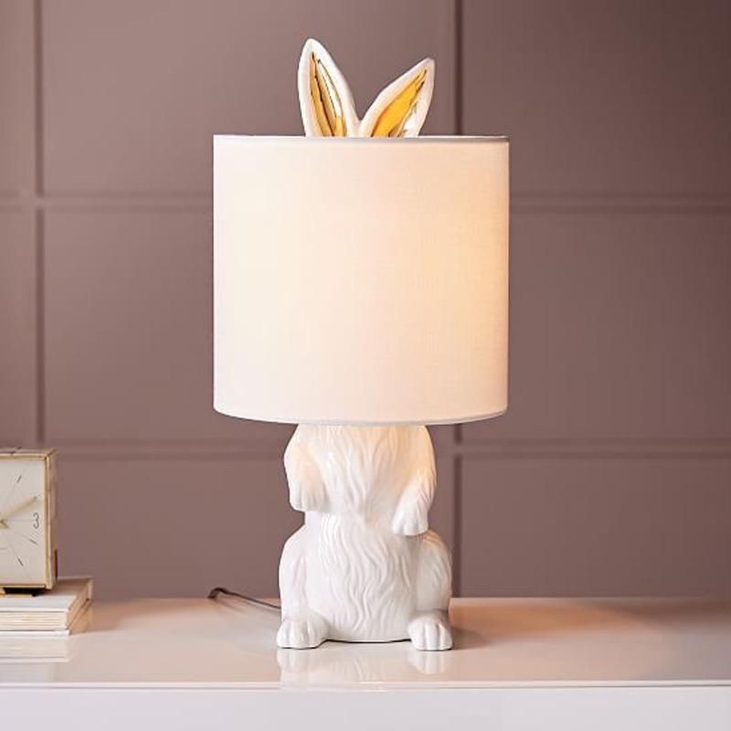 Children Bedroom Hot Popular Fashion Rabit Room Reading Lamp Girls Rabit White Fabric Resin Table Lamp Reading Night Light