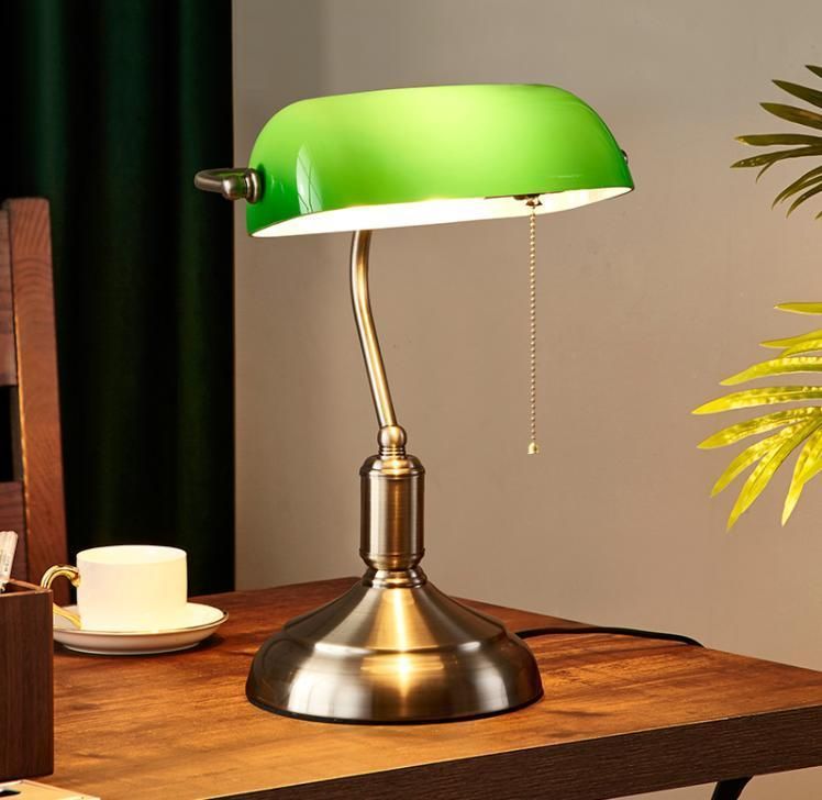 Retro Hotel Reading Decorative Nordic Study Gold Modern LED Glass Classic Satin Brass Traditional Banker Bank Lamp Antique Style Emerald Green Glass Desk Light