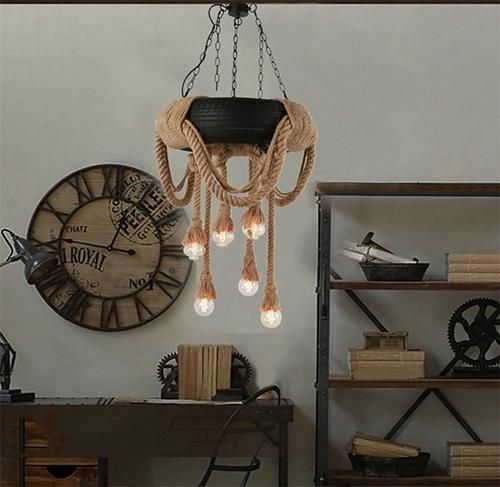 Industrial Ceiling Light Black Rattan Pendant Light with Rubber Hemp Rope Light