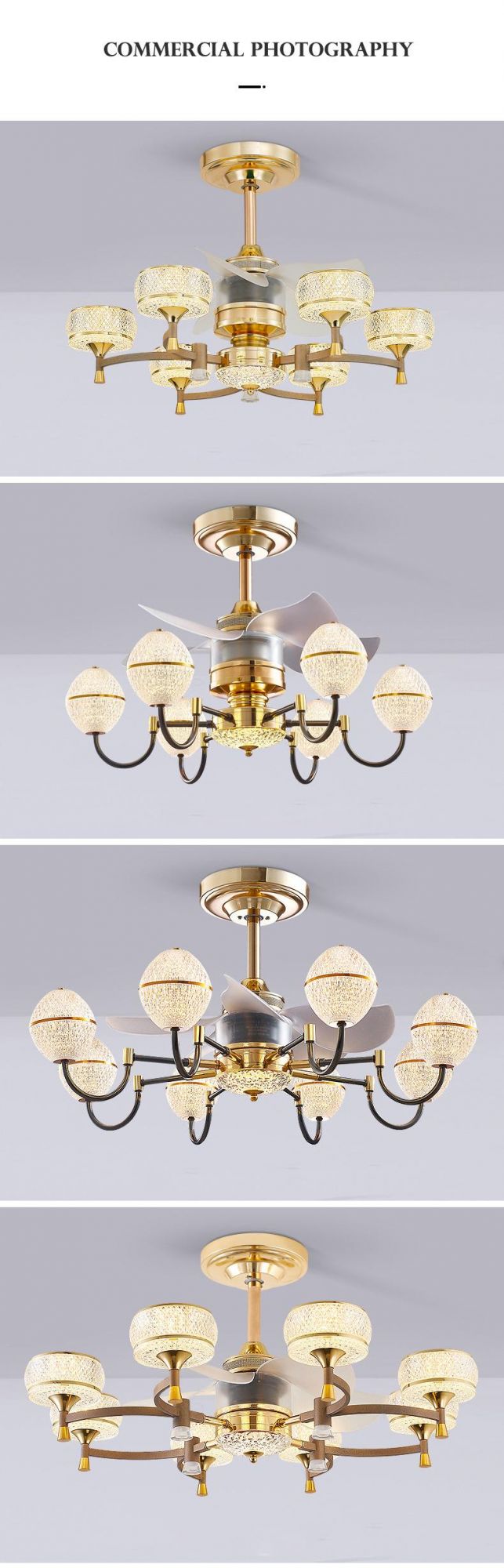 Nordic Copper Ceiling Fan Light Glass Crystal Chandelier Household Living Room Dining Room Fan with Light Remote Control