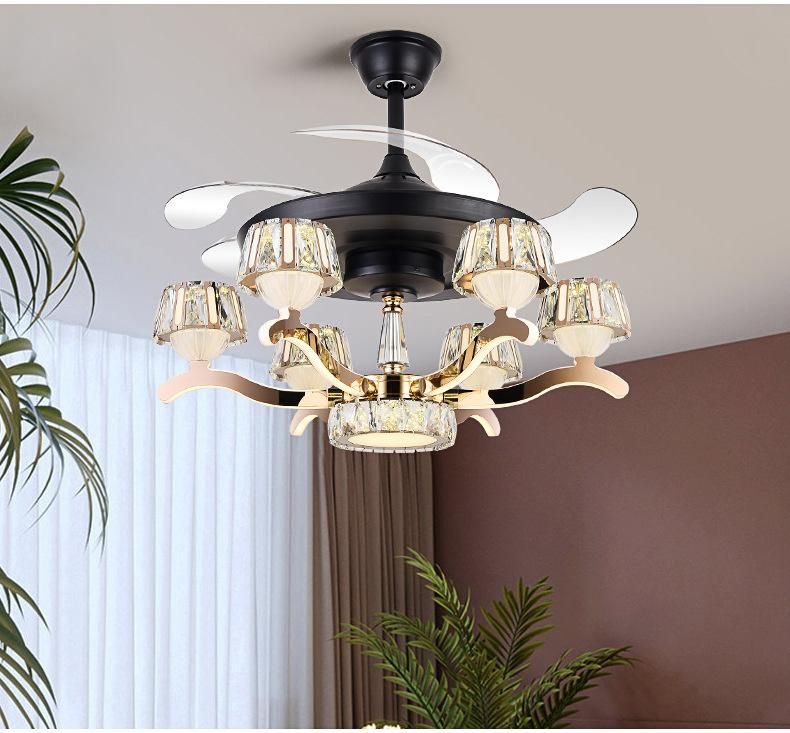 Nordic Ceiling Fan Glass Crystal Chandelier Household Living Room Dining Room Fan with Light Remote Control