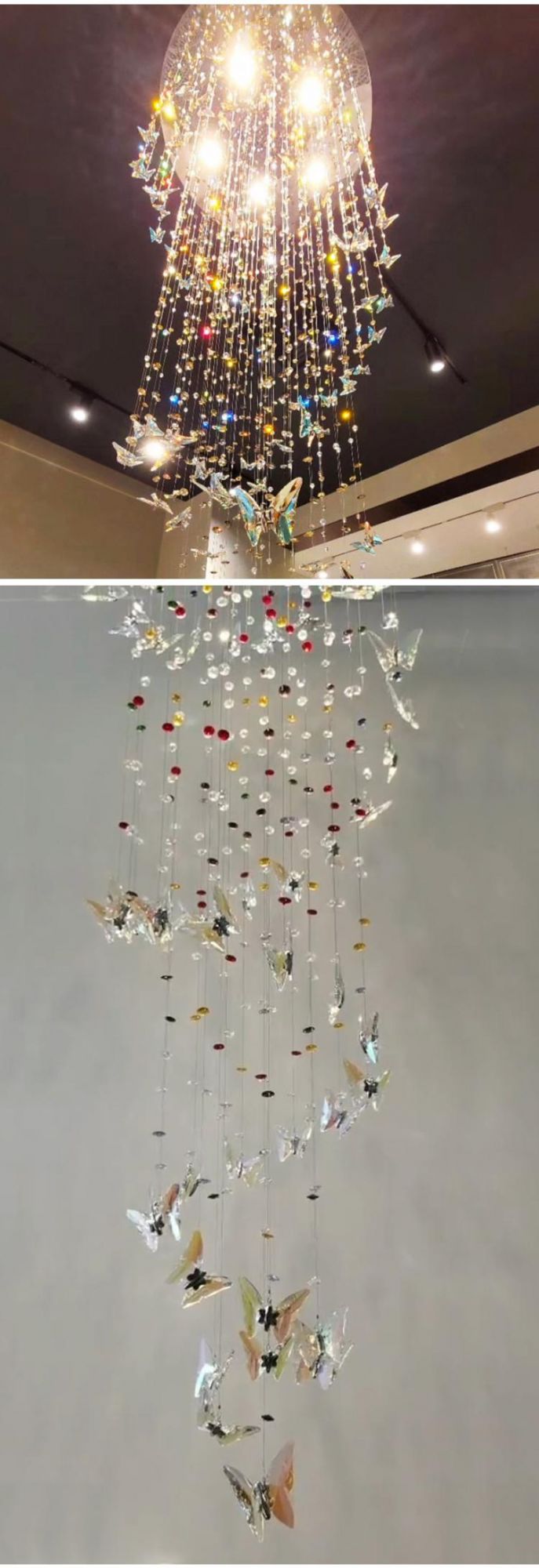 Colorful Butterfly Shape Lamp Long Staircase Custom Glass Luxury LED Chandelier Light