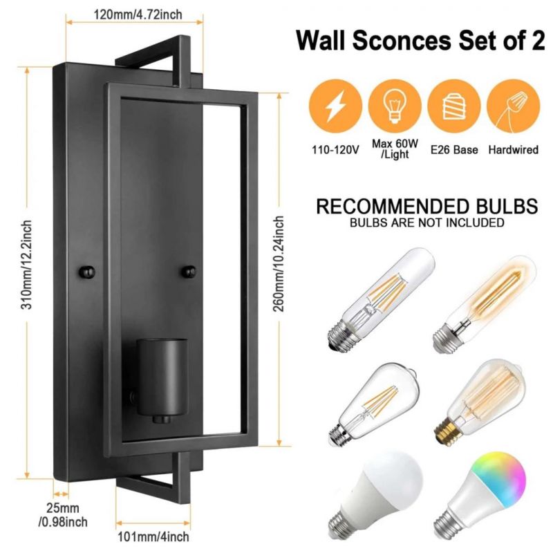 Industrial Wall Sconces Set of 2 Vintage Wall Light Fixture with E26 Base Matte Black Metal Rustic Wall Mount Lamp Modern Indoor Wall Sconce Lighting