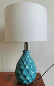 Modern Blue Hexagon Pattern Ceramic Table Lamp with Fabric Hardback Drum Lamp Shade