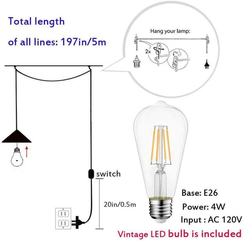 Black Pendant Light with Cord Loft Creative Metal Umbrella Lamp Industrial Plug in Chandelier (WH-VP-59)