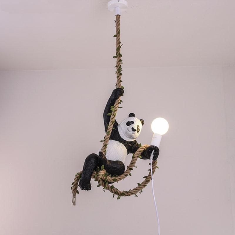 Vintage Resin Panda Chandelier Lighting Nordic Hemp Rope Light Panda Chandelier Zoo Decorative Lamp (WH-VP-149)