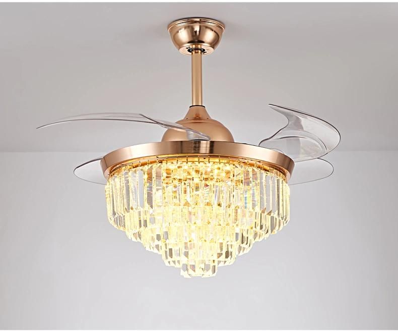 Golden Crystal Invisible Ceiling Fan Light with Remote Control 3 Color Changes LED Chandelier Fan Lamp