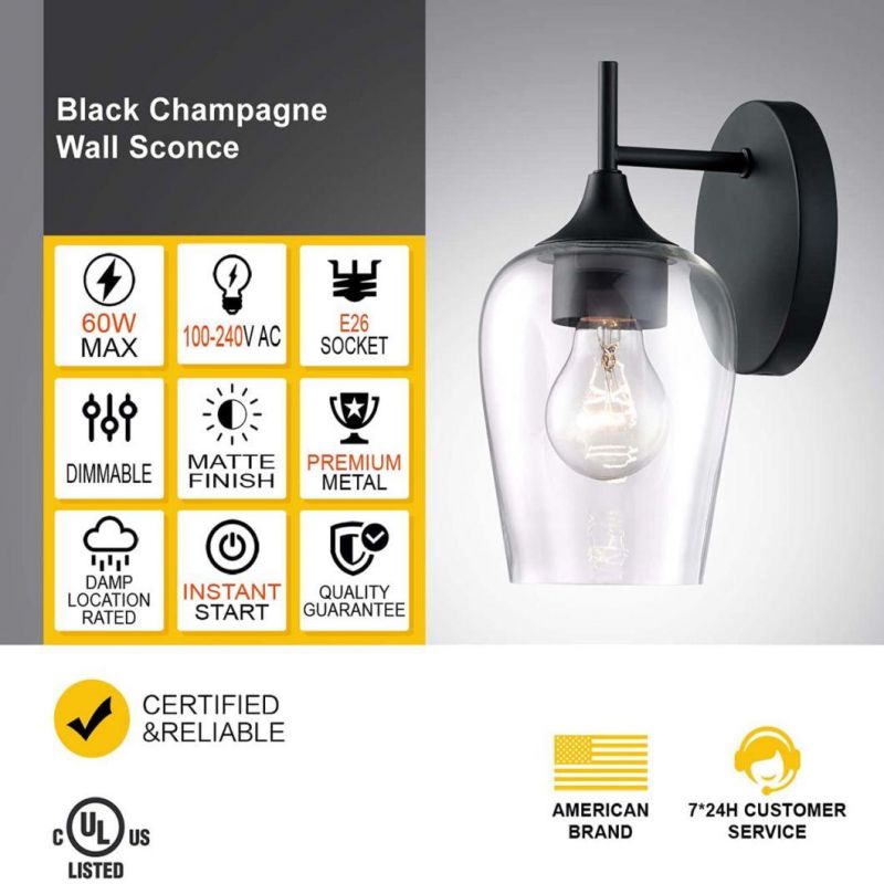Black Wall Sconces Farmhouse Sconces Wall Lighting Hardwired Bathroom Vanity Lighting with Clear Champagne Glass Shade Indoor Wall Lamp Kitchen Stairway Living