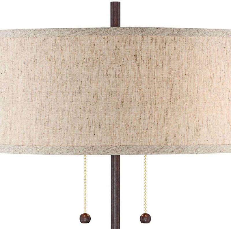 Modern Accent Table Lamps Set of 2 with Hotel Style USB and AC Power Outlet in Base Bronze Slim Fabric Drum Shade for Living Room Bedroom House Bedside