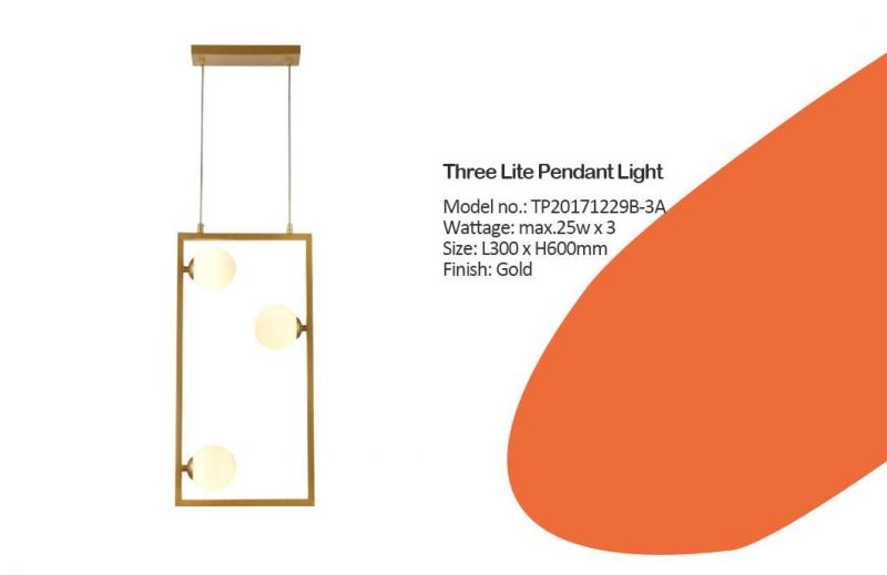 Three Lite Gold Rectangle Frame Pendant Lamp with Opal Glass
