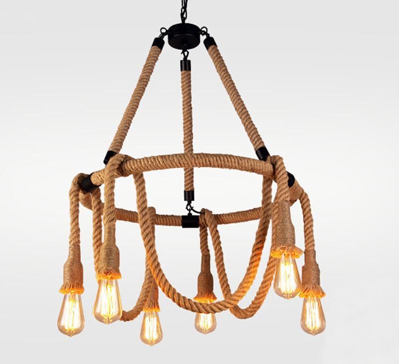 Vintage Hemp Rope Chandelier Lamp Hanging Pendant Light Ceiling Lights Indoor Decoration Lighting