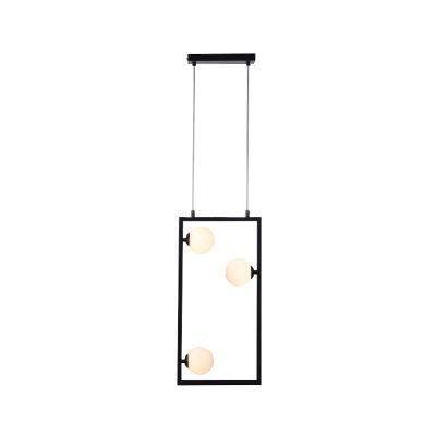 Three Lite Opal Ball Pendant Lamp with Black Rectangle Frame