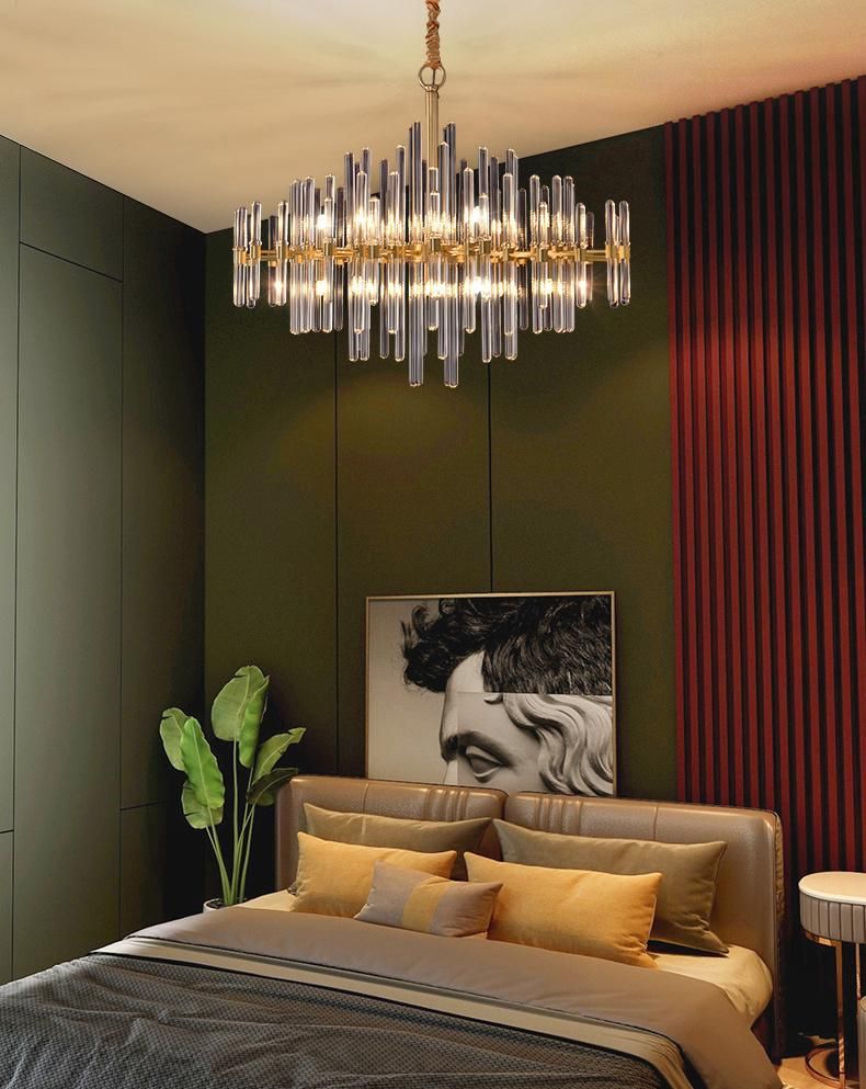 Luxury Post Modern Hotel Living Room Gold Chandelier with Clear Glass Rod