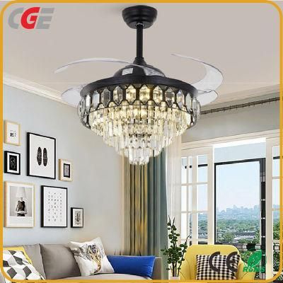 Luxury Crystal 42 Inch Retractable ABS Blades Ceiling Fan Crystal Chandelier Light for Restaurant
