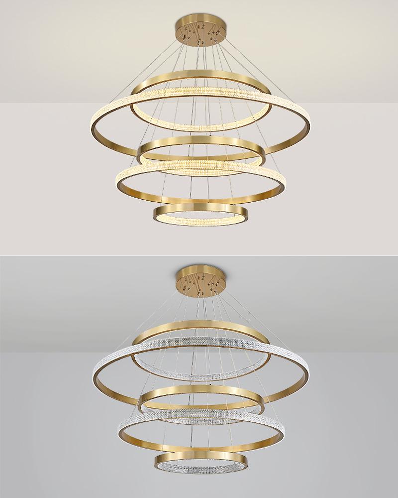 2022 Luxury 5 Rings Crystal Circular LED Big Living Room Round Light Gold Pendant Lamp Chandeliers for Villa