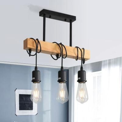 E27 Industrial Pendant Lighting, 3-Light Vintage Winding Lamp Loft Bar Wood Pendant Light (WH-VP-58)