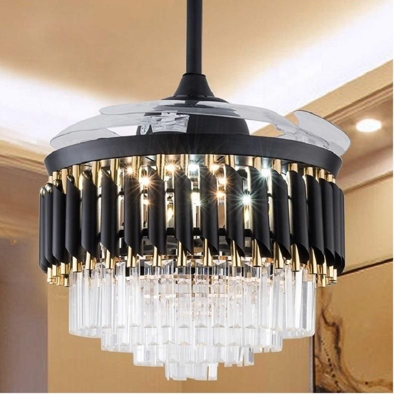 High Quality 42 Inch Luxury Invisible ABS Blade Fan Chandelier Lighting Remote Control Black Crystal Chandelier LED Ceiling Fan