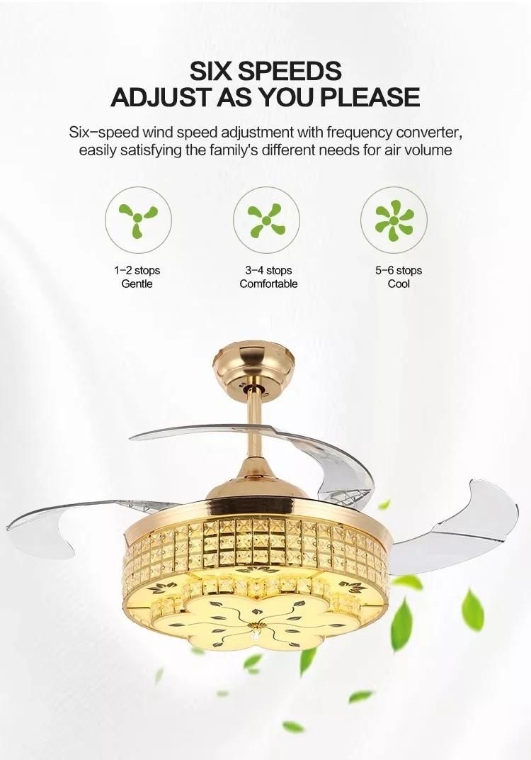 Ceiling Fan Gold Modern Crystal LED Room Ceiling Fan with Transparent Clear Blades and Lights and Remote Fan Cooling Fan