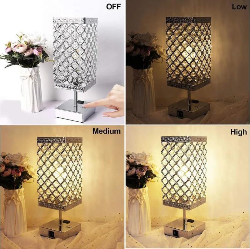 Modern Touch Control Crystal Bedside Table Lamp with USB Ports, Wireless Charging Lamp for Bedroom