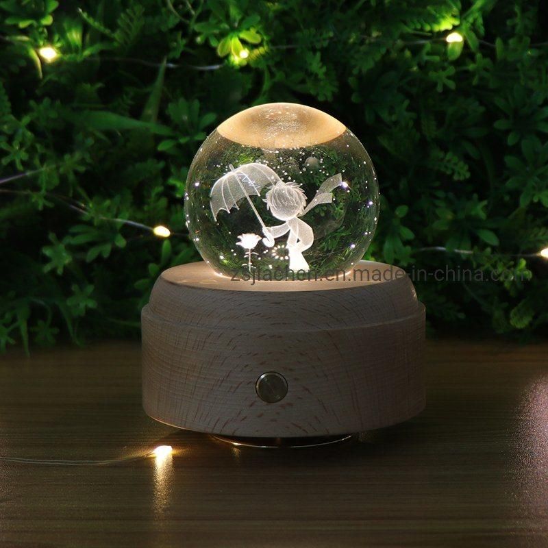 Best Selling Prince 3D Glass Ball Lamp Gift LED Wood Base Desk Table Lamp Night Light with Music Box